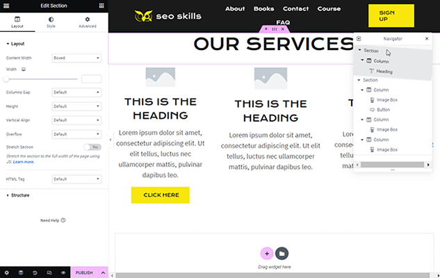 elementor navigator reorder sections